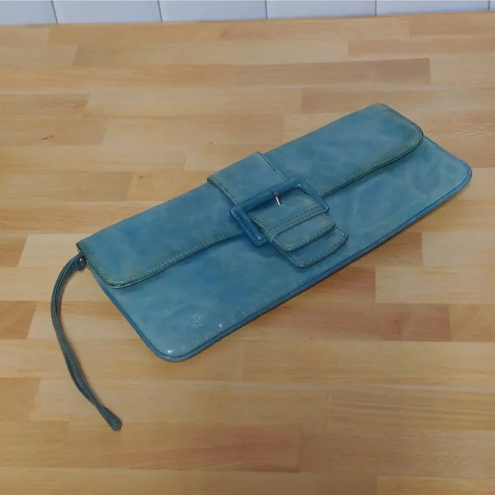 HOBO International Distressed Turquoise Buckle Leather Clutch Wristlet Handbag